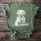Green t-shirt with white graphic of a golden retriever and a beer mug.