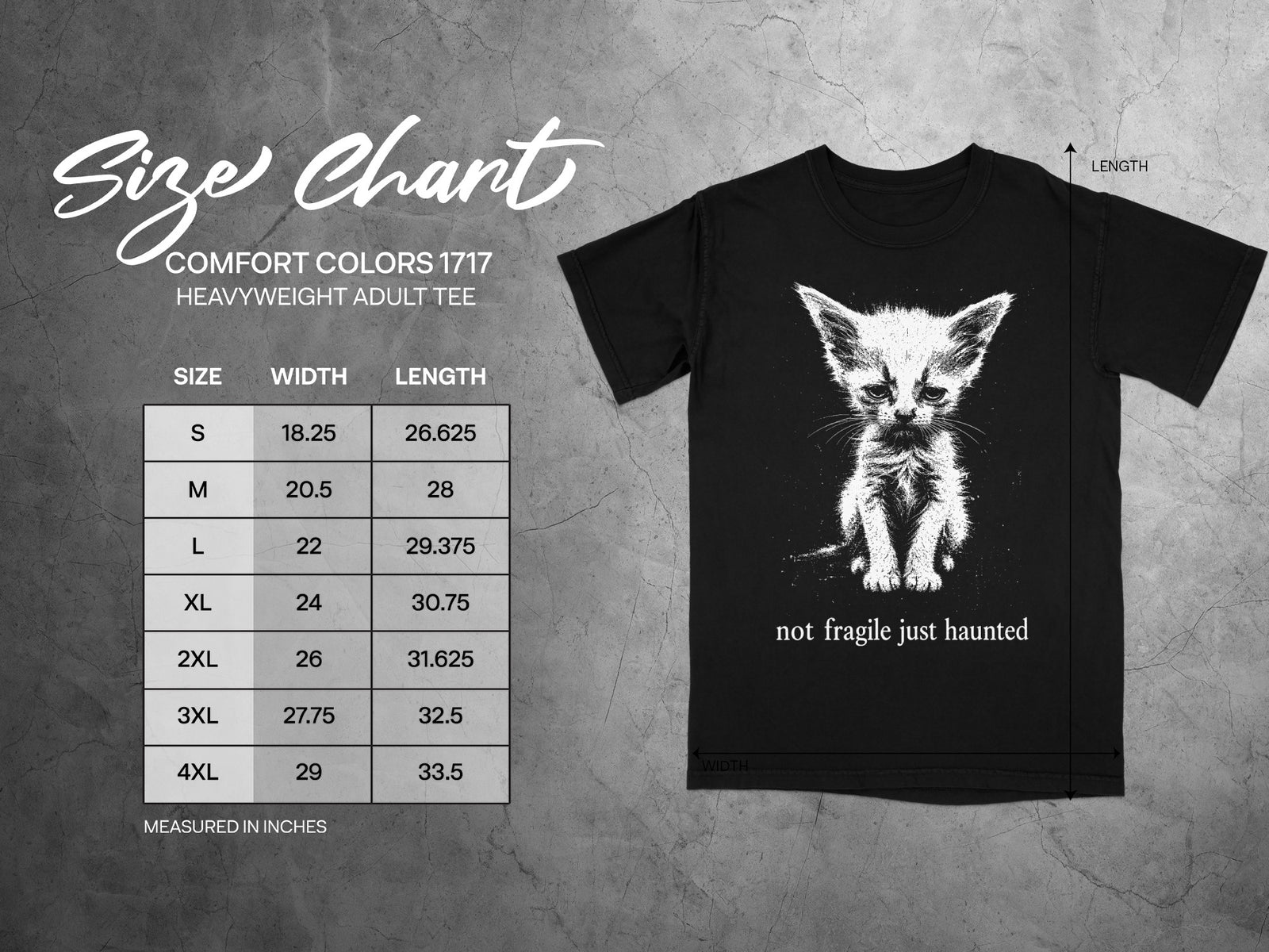 Comfort Colors 1717 size chart with a kitten graphic that reads "not fragile just haunted".