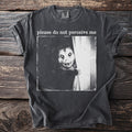 Dark grey t-shirt with a black and white image of a possum and text "please do not perceive me".