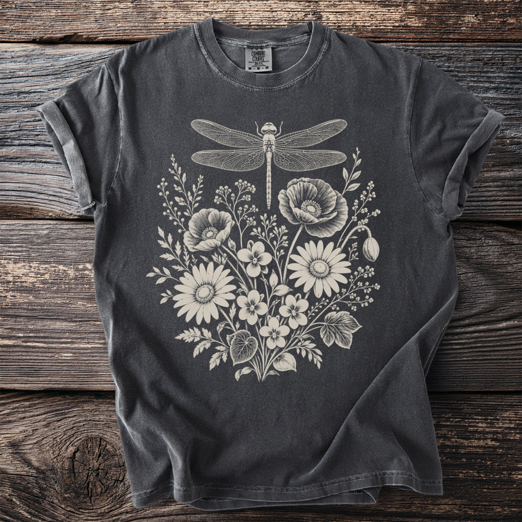 Dark grey t-shirt with a cream-colored dragonfly and floral graphic.