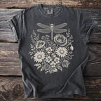 Dark grey t-shirt with a cream-colored dragonfly and floral graphic.