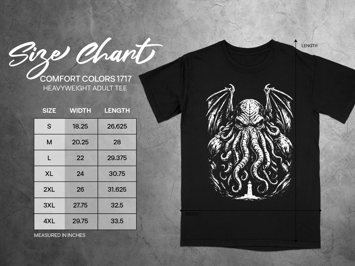 Comfort Colors 1717 heavyweight adult tee size chart with width and length measurements.