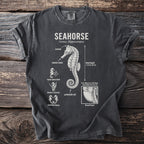 Dark t-shirt with white scientific illustration and text about seahorses.