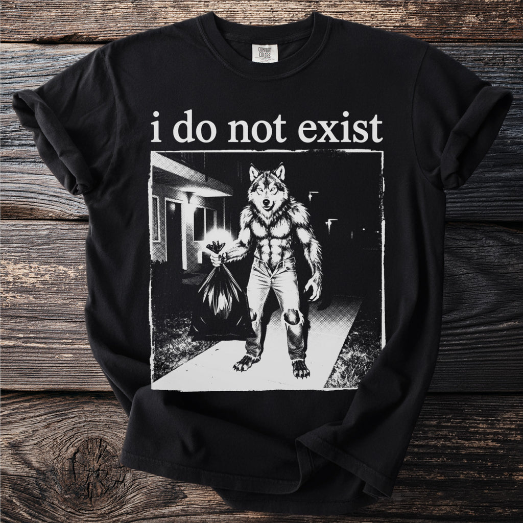 Black t-shirt with graphic of a wolf-like creature holding a trash bag, text "i do not exist."
