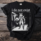 Black t-shirt with graphic of a wolf-like creature holding a trash bag, text "i do not exist."