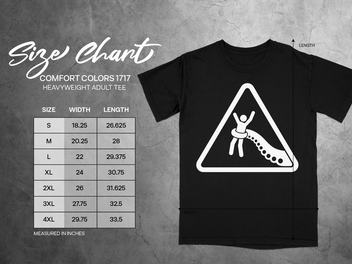 Comfort Colors 1717 heavyweight adult tee size chart with width and length measurements.