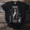 Black t-shirt with white illustration of a gerenuk antelope and informational text.
