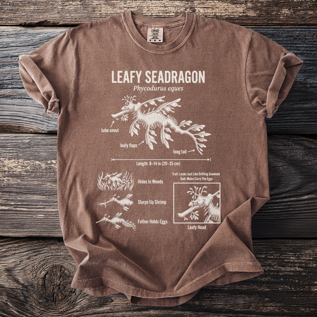 Brown t-shirt with a detailed diagram of a Leafy Seadragon and its traits.