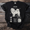 Chow Chow diagram on black t-shirt showing dog anatomy and biology.