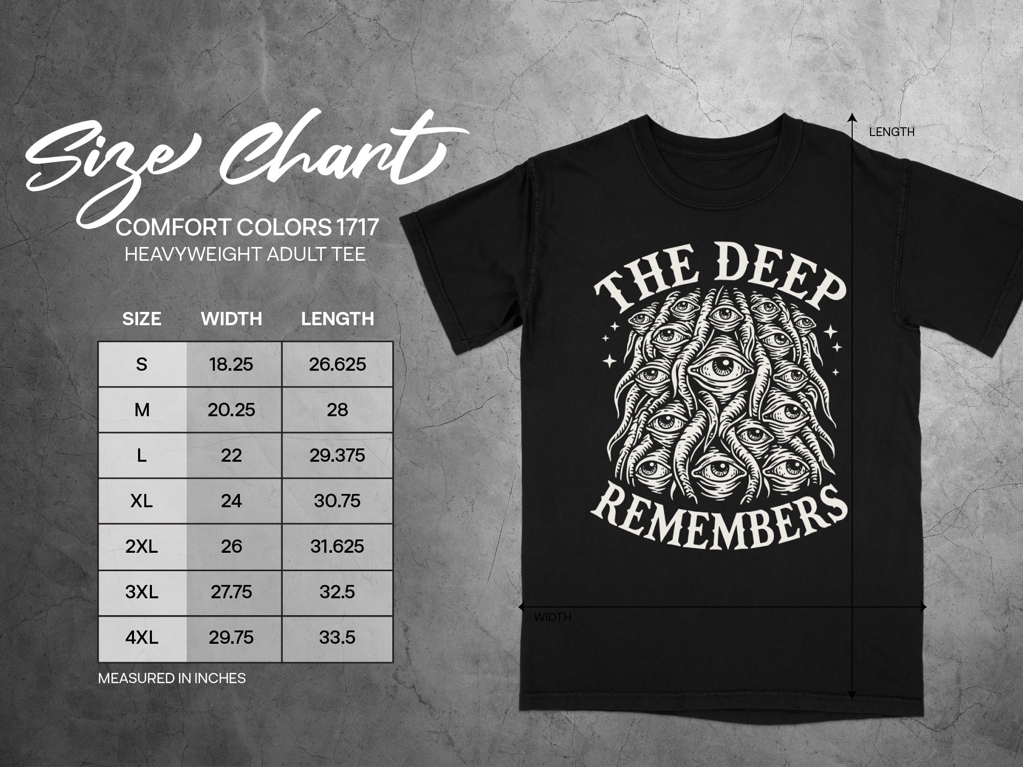 Comfort Colors 1717 heavyweight adult tee size chart with graphic of eyes.
