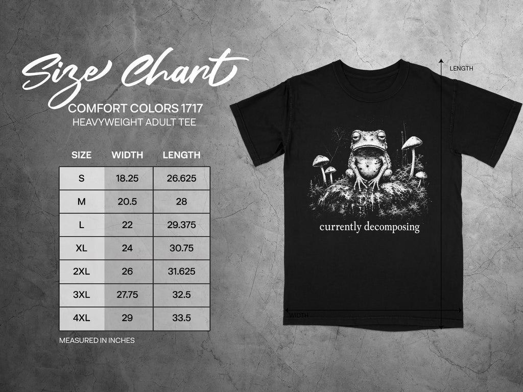 Black t-shirt size chart with frog graphic and "currently decomposing" text.