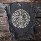Dark grey t-shirt with a circular cream-colored pagan-themed graphic.