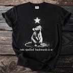 Black t-shirt with a rat looking up at a star and text reading "rats spelled backwards is star".