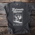 Dark gray t-shirt with "Flatwoods Monster" graphic and "One Night Only" text.