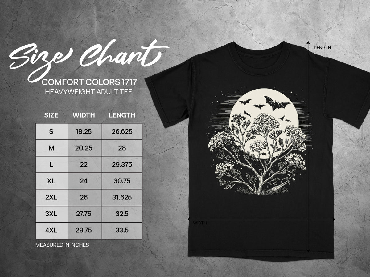 Comfort Colors 1717 adult heavyweight tee size chart with width and length measurements in inches.