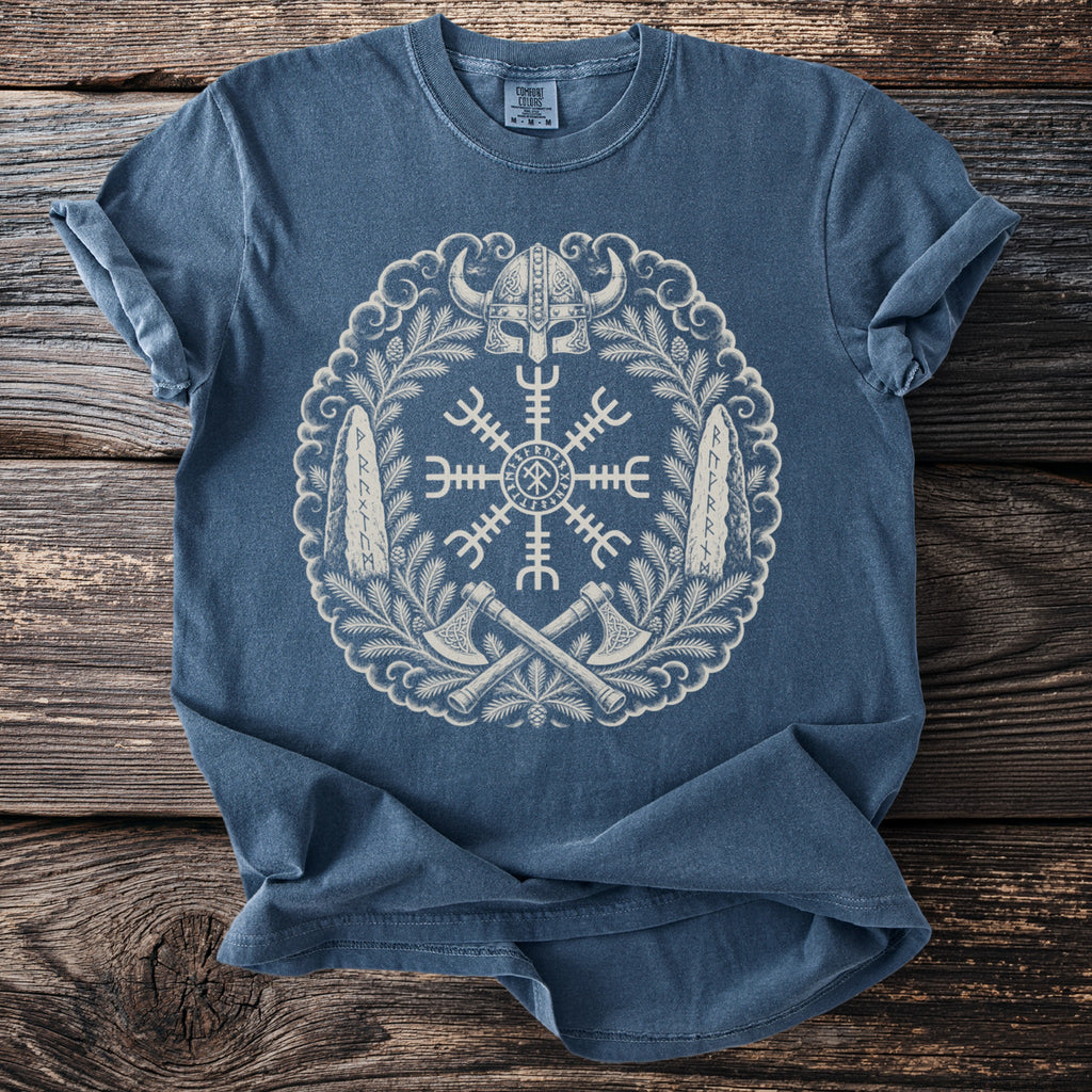 Blue t-shirt with a circular Norse mythological design featuring a helmet and axes.