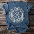 Blue t-shirt with a circular Norse mythological design featuring a helmet and axes.