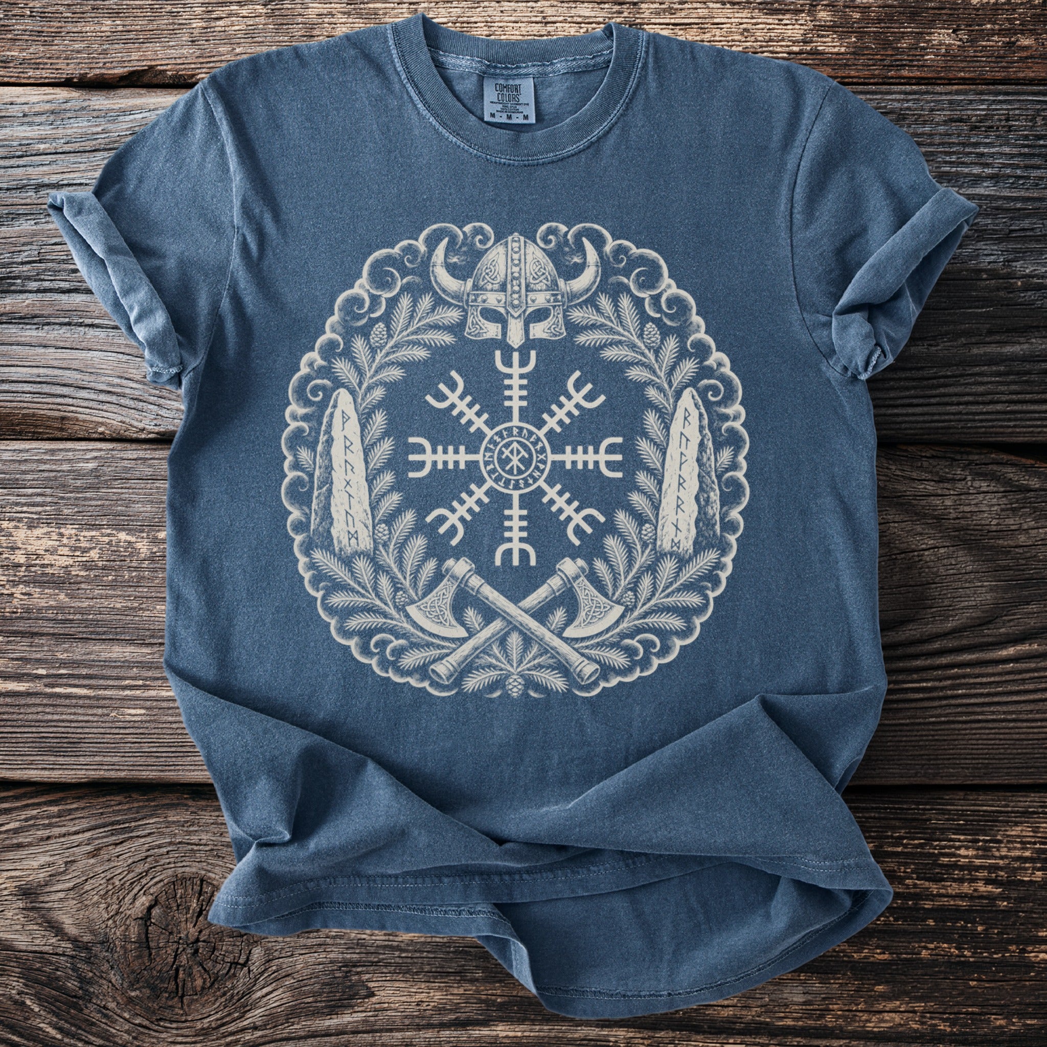 Blue t-shirt with a circular Norse mythological design featuring a helmet and axes.