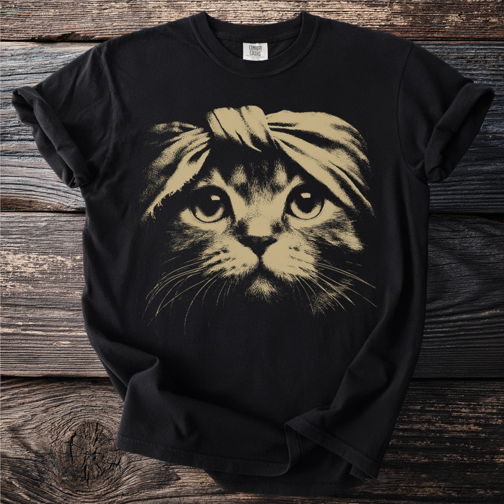 Black t-shirt with a golden graphic of a cat wearing a headband.