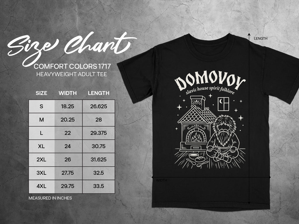 Comfort Colors 1717 heavyweight adult tee size chart with "Domovoy Slavic house spirit folklore" graphic.