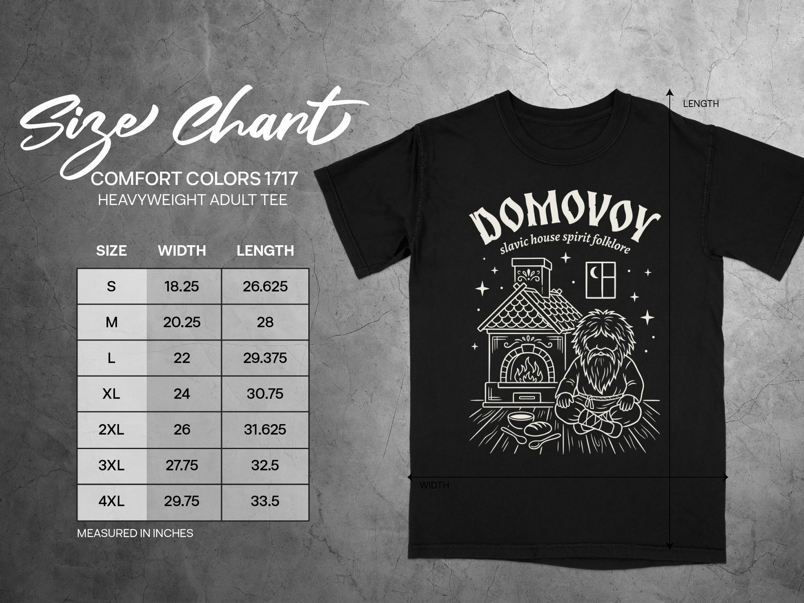 Comfort Colors 1717 heavyweight adult tee size chart with "Domovoy Slavic house spirit folklore" graphic.
