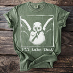 Green t-shirt with a graphic of a seagull holding a cigarette and text "i'll take that".