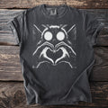Dark grey t-shirt with white graphic of a moth making a heart shape.