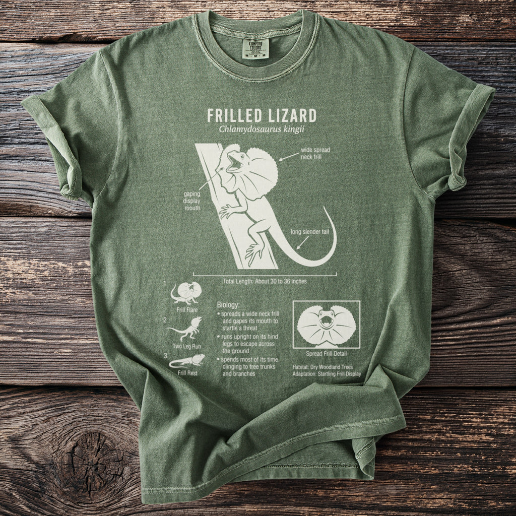 Green t-shirt with "Frilled Lizard" anatomical illustration and biology facts.