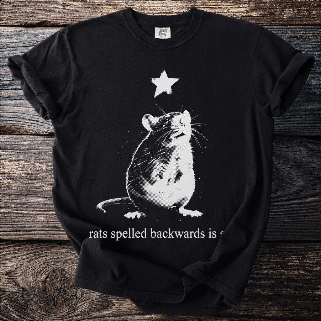 Black t-shirt with a white distressed rat graphic and text "rats spelled backwards is".
