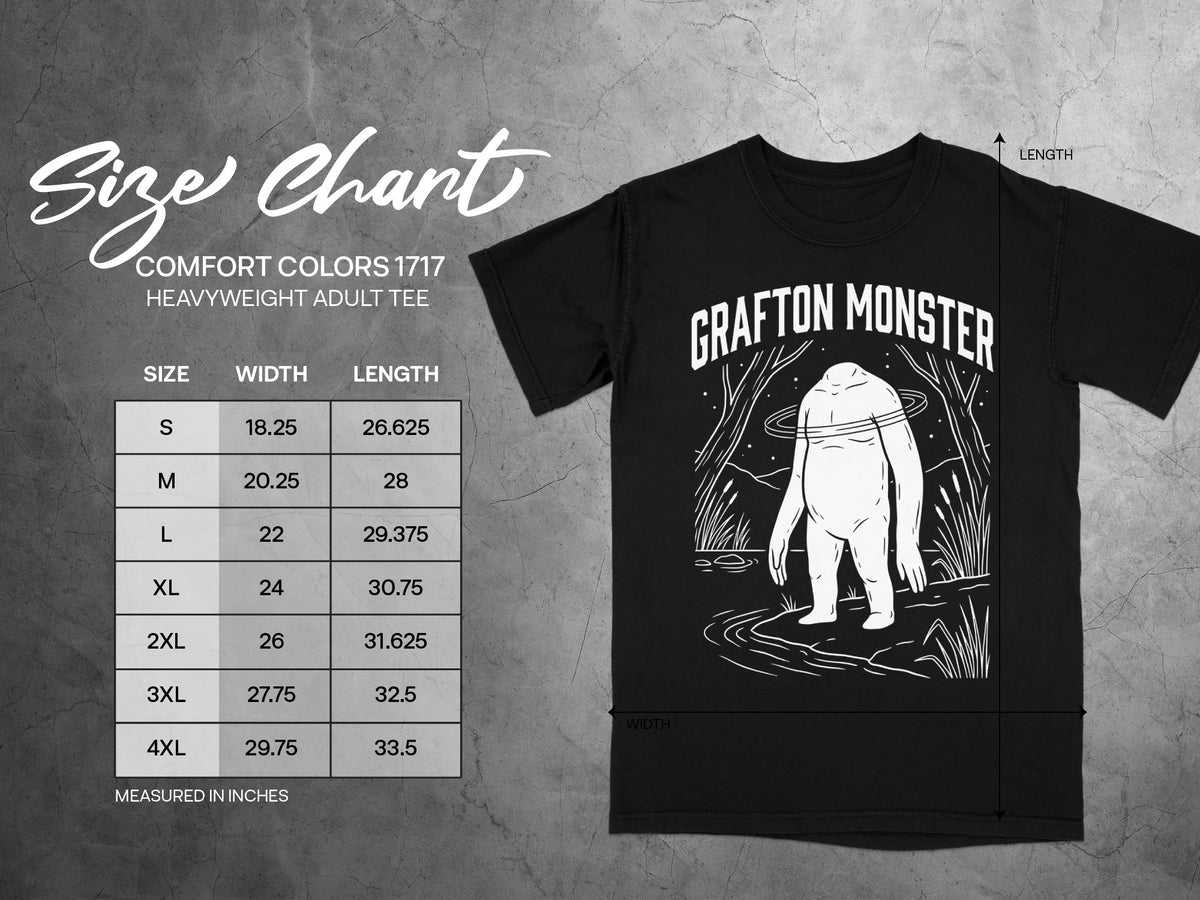 Comfort Colors 1717 adult tee size chart with width and length measurements in inches.