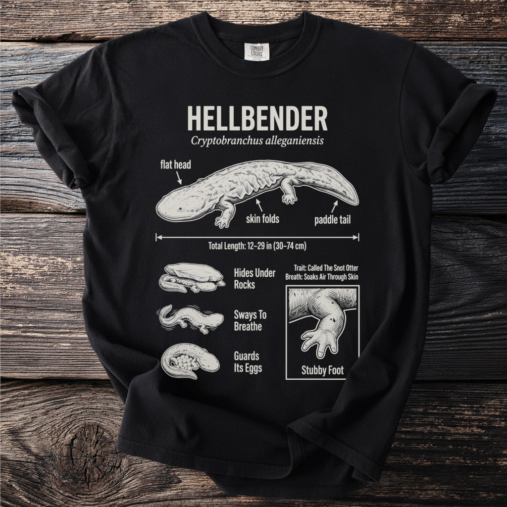 T-shirt with Hellbender diagram: flat head, skin folds, paddle tail, length, and traits.
