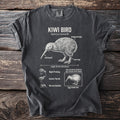 Charcoal t-shirt with detailed kiwi bird illustration and scientific labels.