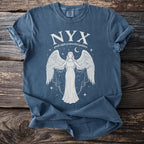 Blue t-shirt with "Nyx greek night primordial goddess" text and winged figure.