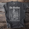 Dark grey t-shirt with "The Fireflies" and forest scene on front.