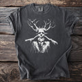 Dark grey t-shirt with a white graphic of a figure with antlers making a heart shape.