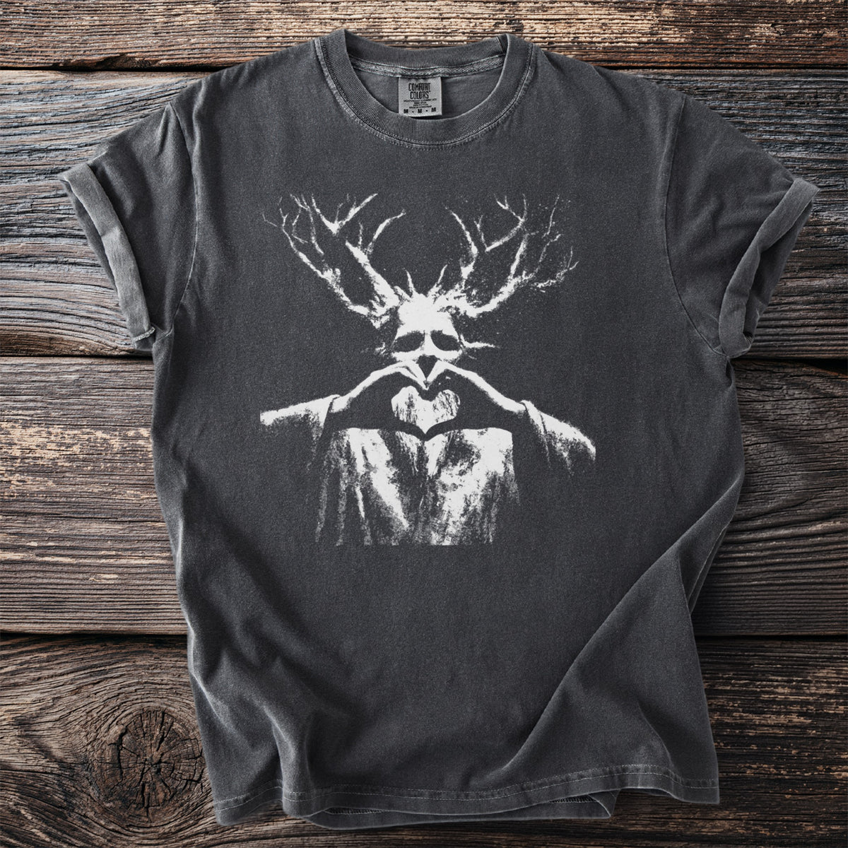 Dark grey t-shirt with a white graphic of a figure with antlers making a heart shape.