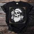 Skull with Santa hat, mustache, beard, and roses inside decorative frame.
