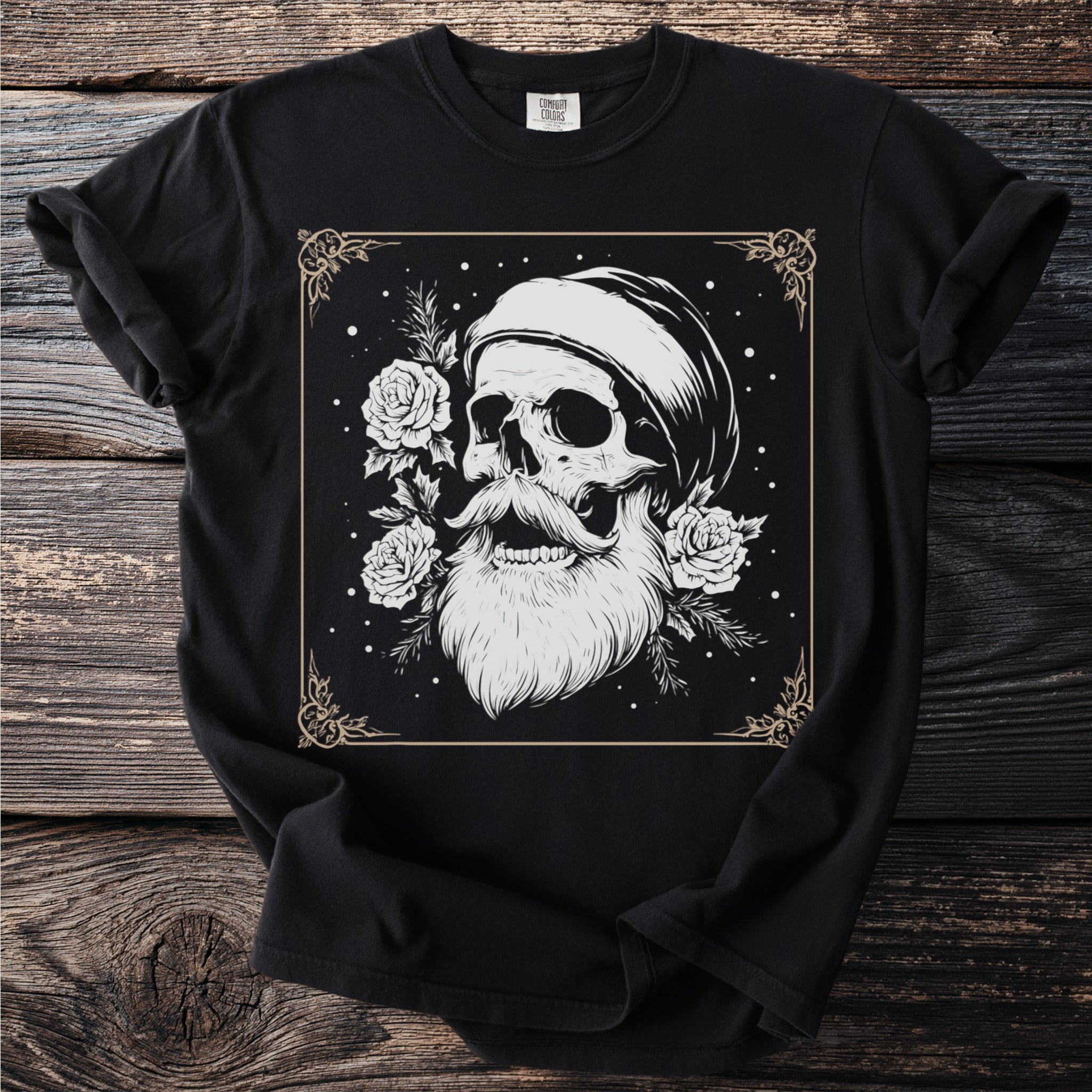 Skull with Santa hat, mustache, beard, and roses inside decorative frame.