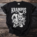 Black t-shirt with white Krampus illustration and text.