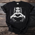 Black t-shirt with gothic design of woman, dogs, and key.