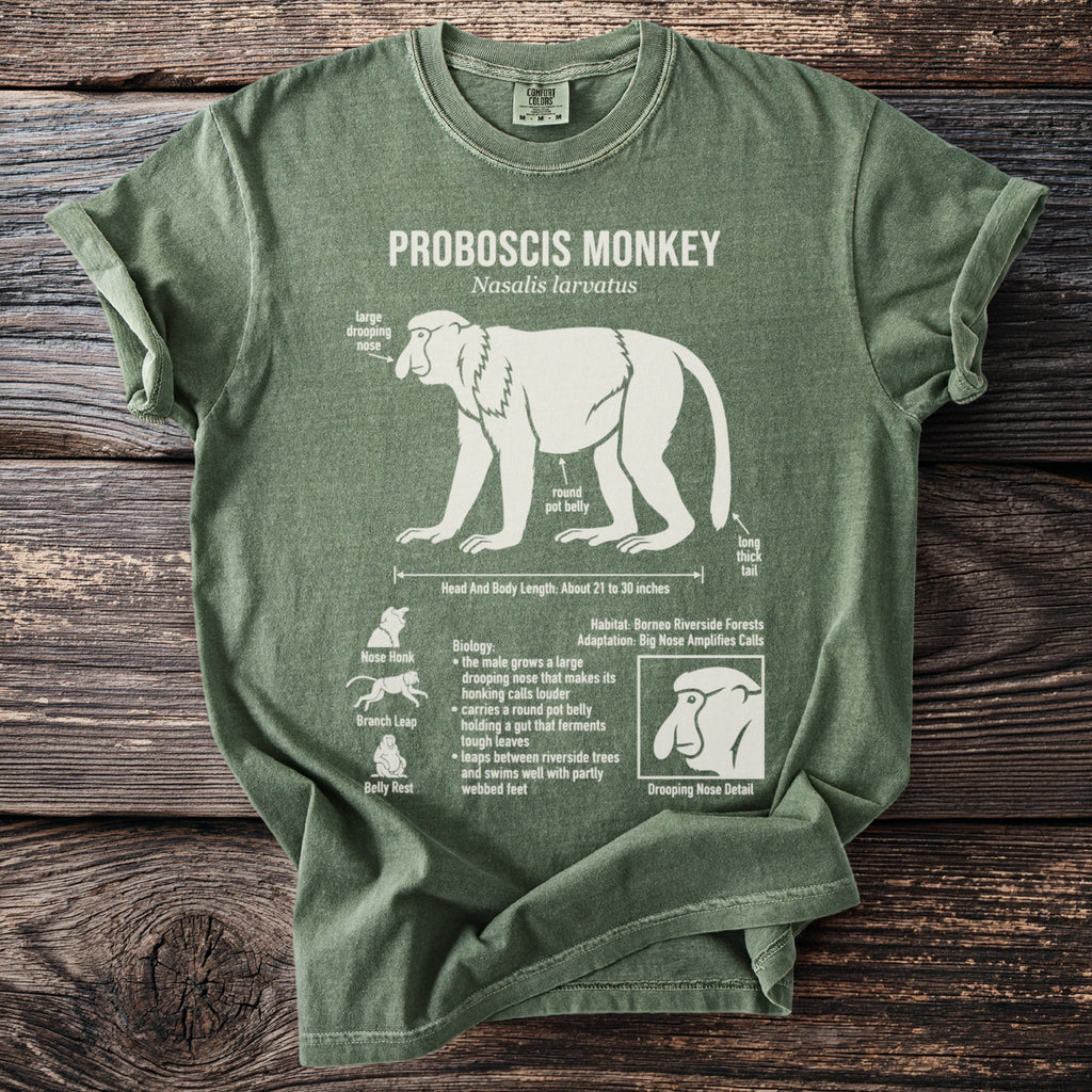 Olive green t-shirt with white graphic of a proboscis monkey and its characteristics.
