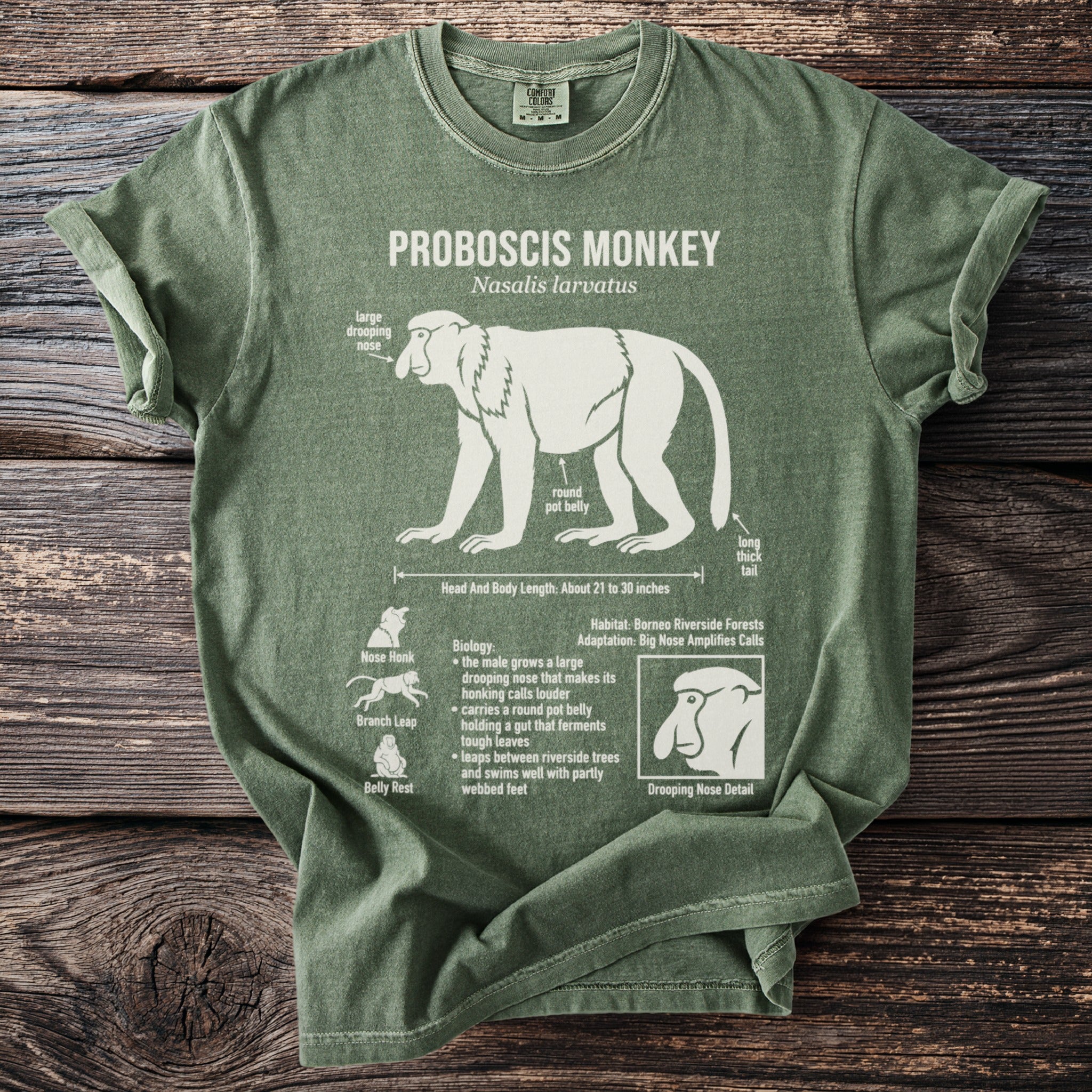 Olive green t-shirt with white graphic of a proboscis monkey and its characteristics.