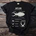 Antlion illustration with labels showing sickle jaws, bristled body, and trap behavior.