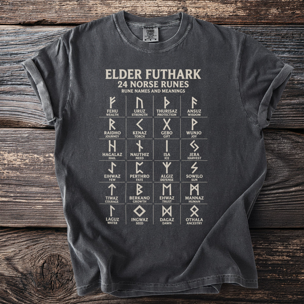 Dark gray t-shirt with Elder Futhark runes and their meanings.
