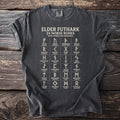 Dark gray t-shirt with Elder Futhark runes and their meanings.