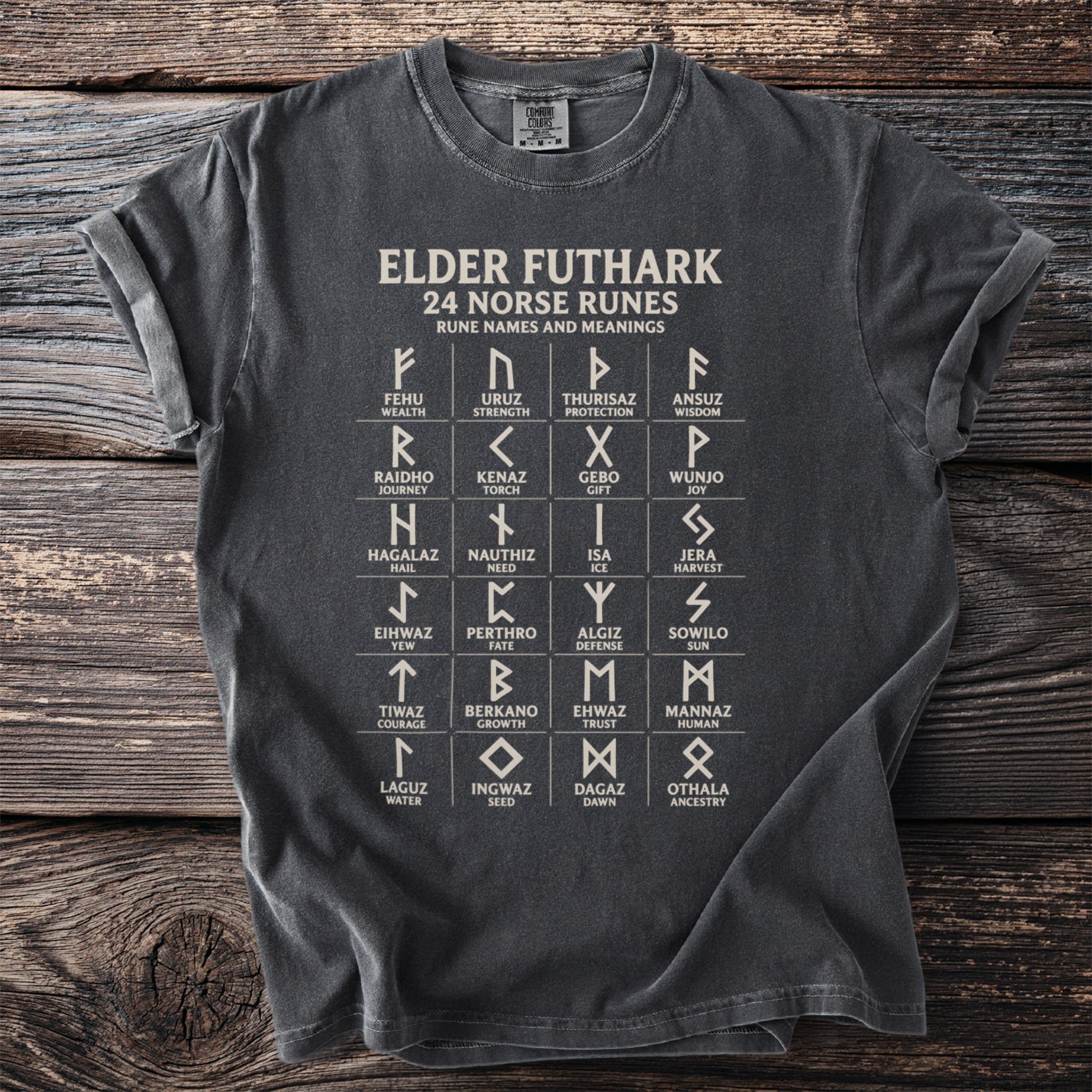 Dark gray t-shirt with Elder Futhark runes and their meanings.