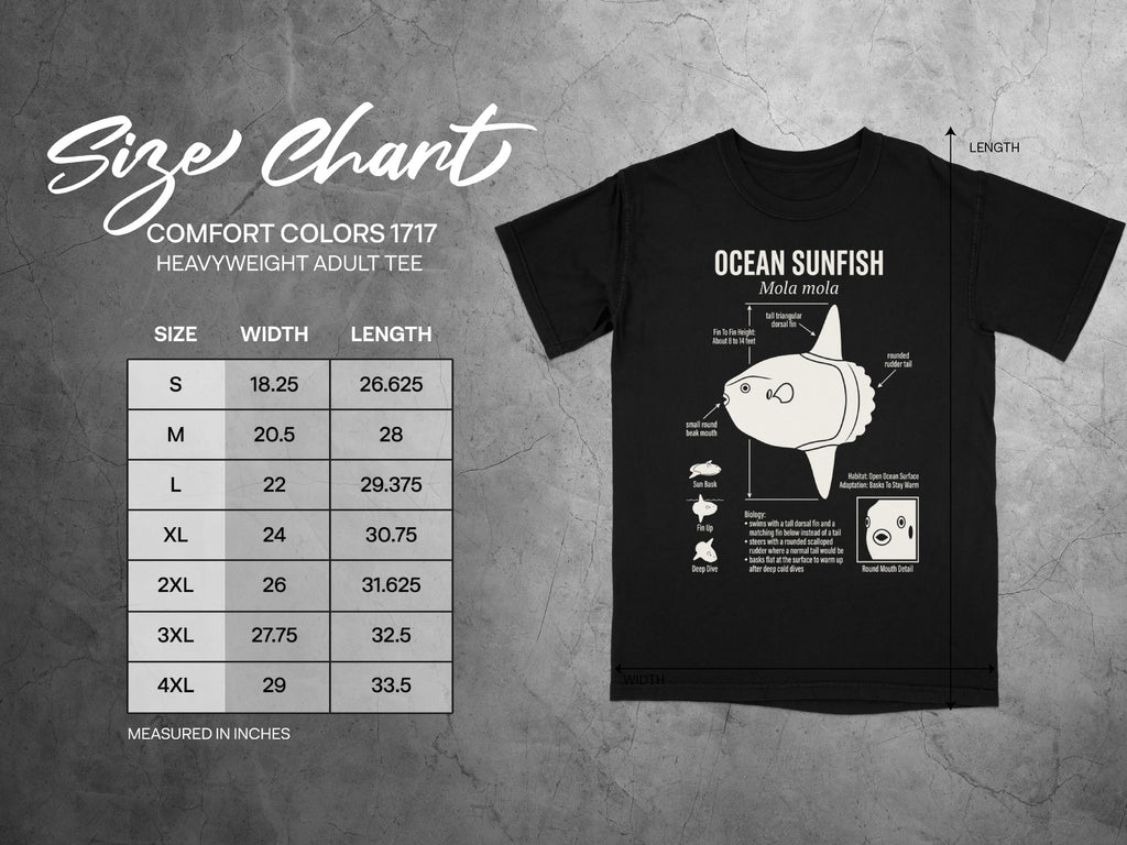 Size chart for Comfort Colors 1717 heavyweight adult tee with ocean sunfish graphic.