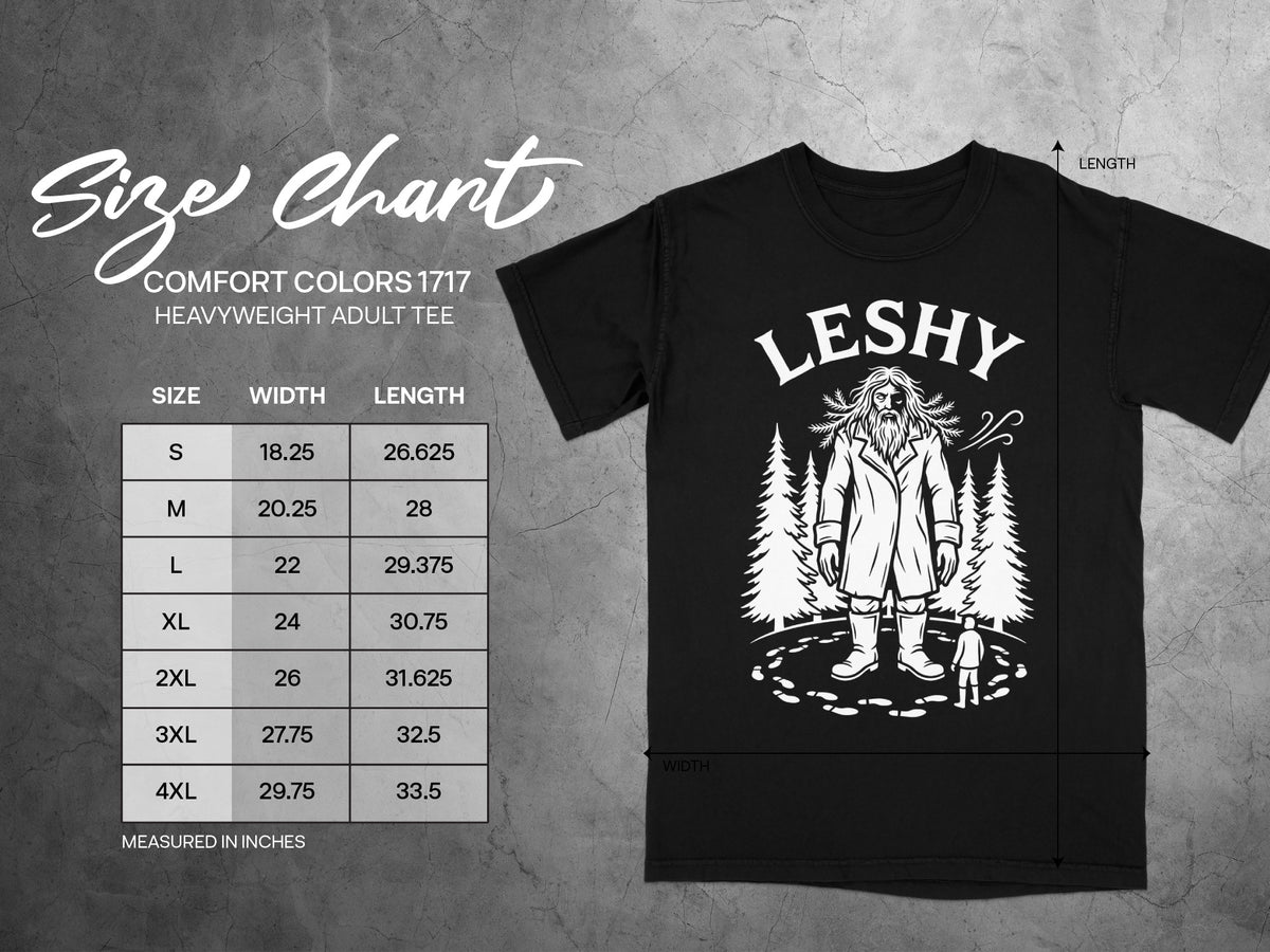 Comfort Colors 1717 heavyweight adult tee size chart showing width and length measurements.