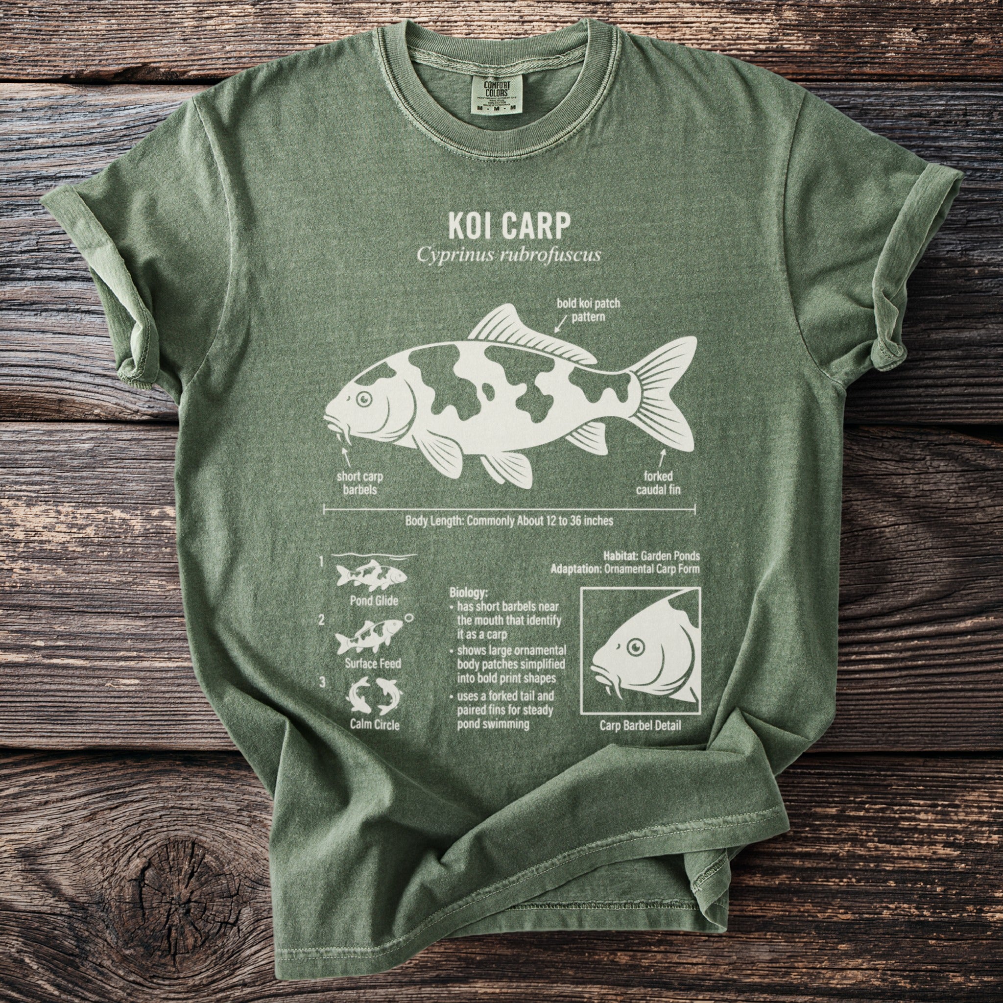 Green t-shirt with a white diagram and text about Koi Carp.