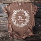 Brown T shirt with Love the Unloved and illustrations of five unusual birds.